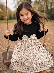 Emery Rose Kids Emery Rose Kids 女童小女孩可愛拼接洋裝，復古棕色羅紋上衣配蝴蝶結與花卉裙襬，長袖連身裙，適合春夏秋冬 - 黑色 - 查看 2