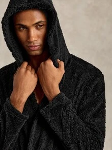 EverLounge Autumn/Winter Men's Minimalist Basic British Style Black Double-Sided Fleece Embossed Fabric Hooded Loungewear Robe - Black - View 5