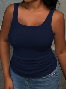 Slaydiva Plus Size Women's Solid Color Square Neck Casual Versatile Tank Top - Navy Blue - View 3