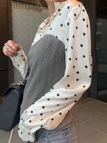 FRIFUL Women's Autumn Patchwork Polka Dot Blouse - Grey - View 5