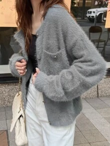 FRIFUL Middle-Aged & Elderly Women Solid Color Casual Versatile Daily Wear Knit Top Cardigan - Grey - View 7