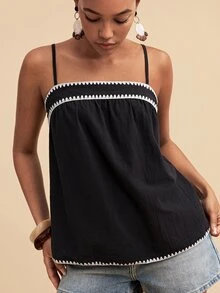 Travachic 女款休閒度假貝殼刺繡撞色細肩帶背心 - 黑色 - 查看 6