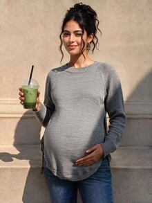 Momance Maternity Solid Color Round Neck Raglan Long Sleeve Casual Baggy Sweater Fall Formal Photoshoot Grey Winter - Grey - View 8