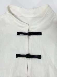 Balvessa Women Textured Fabric Stand Collar Front Button Minimalist Loose Daily New Chinese Style Outerwear - Black and White - View 6