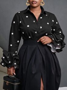Slaydiva Women's Plus Size Polka Dot Bell Sleeve Blouse Fall - Black - View 7