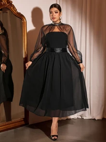 Cravure Plus Size Luxury Evening Party Sheer Mesh Patchwork High Waist Draped Long Dress - Black - View 5