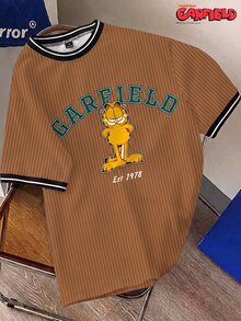 GARFIELD | SHEIN Daypath 男士條紋卡通印花撞色短袖T恤 - 棕色 - 查看 1