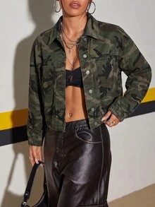Jeanoix 豹紋領口口袋迷彩長袖水洗牛仔夾克 - 彩色 - 查看 1