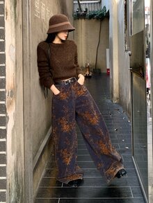 DAZY Tween Girl) Jacquard Loose Straight Leg Casual Washed Denim Pants Autumn/Winter Everyday Jeans - Blue - View 8