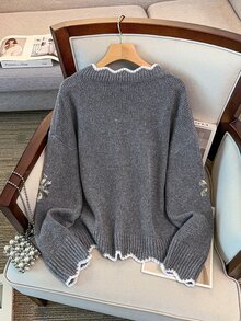 GlowEve CURVE Women's Autumn New Single Piece V-Neck Wavy Edge Machine Embroidered Sequin Floral Design Fashion Versatile Elegant Daily Commute Fitted Short Knit Button Cardigan Plus Size Top - Grey - View 2