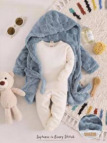 Cozy Pixies 兒童男嬰休閒日常舒適刺繡毛絨連帽前開襟長袖晨袍家居服 - 藍色 - 查看 9