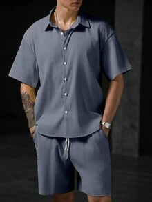 Genlund Men's Textured Striped Short Sleeve Shirt & Shorts Vacation Set - Grey - View 3