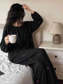 Teen Girl Black Top And Long Pants Casual Pajama Set - Black - View 1