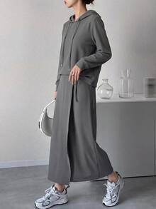 DAZY Solid Drawstring Hoodie & Split Hem Skirt - Grey - View 1