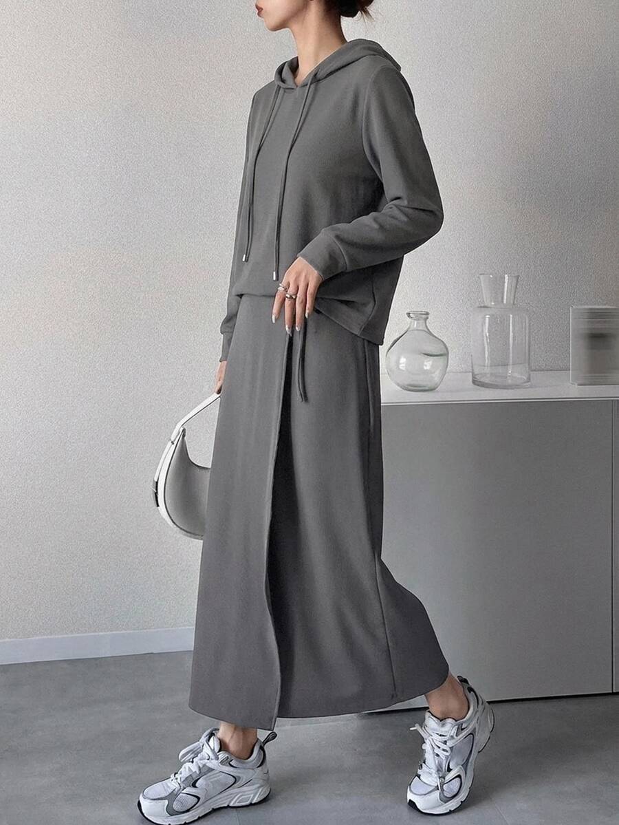 DAZY Solid Drawstring Hoodie & Split Hem Skirt - Grey - View 1