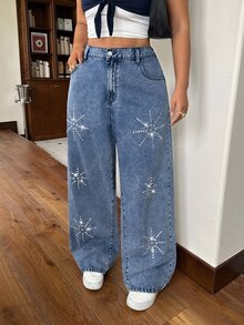 Rivivi Mode Street raka denimjeans i plus size med tvätt och strassdetaljer - Mediumtvätt - Visa 5