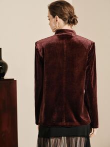 Arave Autumn/Winter Stand Collar Korean Fleece National Style Frog Button Metal Buckle Women's Blazer Jacket - Burgundy - View 3