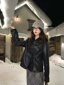 DAZY Jaket Wanita Warna Polos Lengan Panjang, Musim Gugur/Dingin - Hitam - View 9