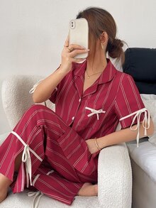 Napfluff 條紋印花休閒居家服撞色翻領短袖女款睡衣長褲套裝 - 酒紅色 - 查看 3