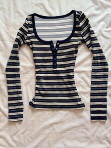 IslaSuriya Women's Digital Print Square Neck Button Striped Long Sleeve T-Shirt - Multicolor - View 3
