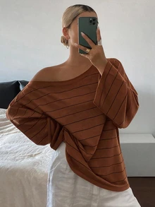 DAZY 女款條紋不對稱肩寬鬆街頭休閒青少年T恤 - 棕色 - 查看 2