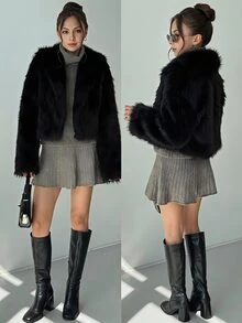 SHEIN 青少年女孩秋冬休閒法式優雅黑色人造毛領夾克外套，適合學校、派對、日常穿著 - 黑色 - 查看 4