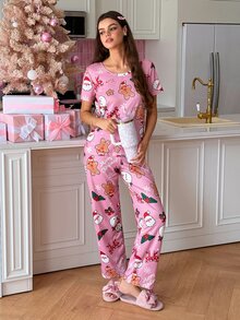 SweetSlumber طقم بيجامة نسائي لطيف بطبعة بابا نويل ورجل الثلج ورجل الزنجبيل والفيونكة بياقة دائرية لعيد الميلاد - وردي - مشاهدة 6