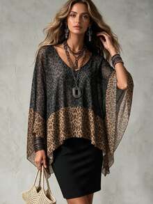 Glimmora Leopard Print Patchwork V-Neck Chic Fashionable Versatile Top Suitable For Dates, Vacations, Parties, Daily Outings, Gatherings, Outdoor Activities - Black - View 5