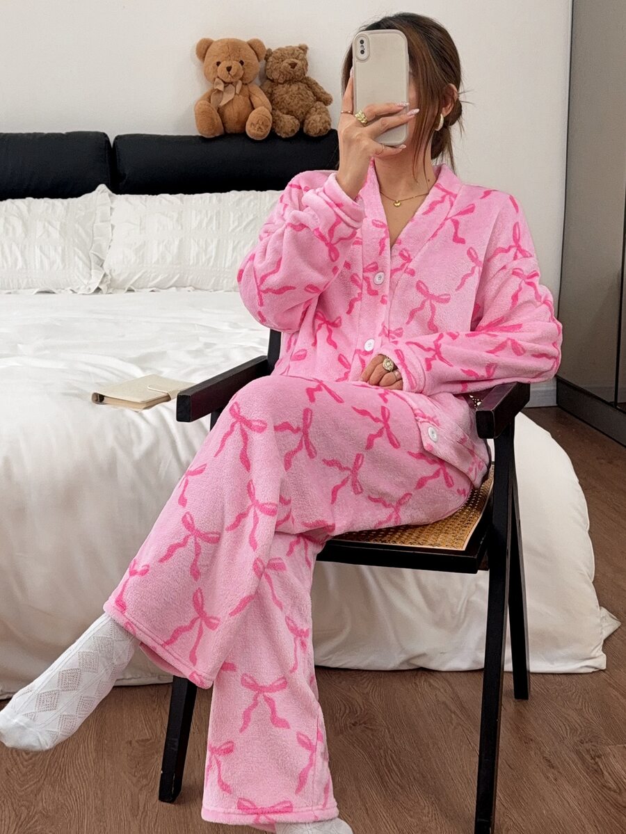 Napfluff Women's Autumn/Winter V-Neck Bow Coral Fleece Pajama Set - Multicolor - View 1
