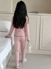 DAZY Tween Girl Button Half-Placket Long Sleeve Top And Polka Dot Print Pants Loungewear Set - Pink - View 6