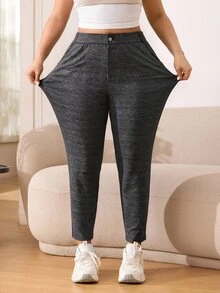 SHEIN CURVE+ 大尺碼女款優雅修身長褲 春夏秋季 - 深灰色 - 查看 8