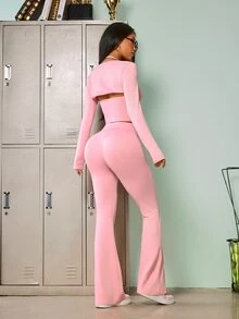 SHEIN Sovereign Charm Women's Solid Color Minimalist Halter Neck Tank Top And Flared Long Pants With Long Sleeve Cardigan Sports Set - Pink - View 2