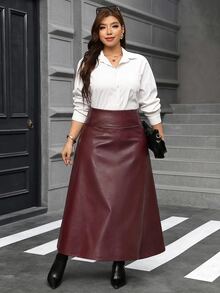 Reflora Plus Solid A-Line Long Black Skirt - Burgundy - View 5