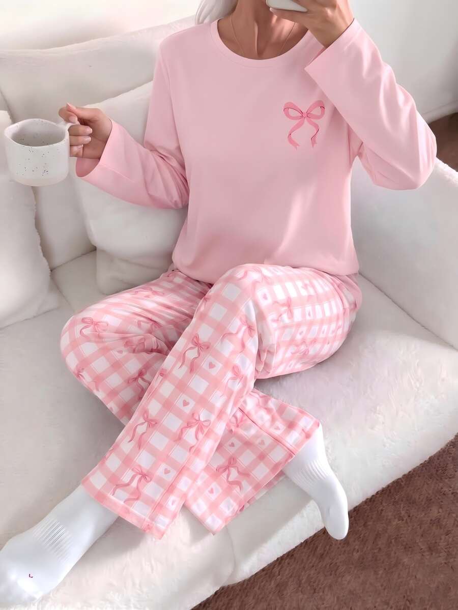 Girls 2026 Fall Winter Warm 2 Pieces Pajama Set, Bow Print Crew Neck Long Sleeve Top & Heart Plaid Soft Pants, Tween Girl Loungewear Homewear - Multicolor - View 1