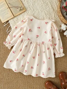 SHEIN Vintaside Kids 03T Baby Girl Floral Print Long Sleeve Dress, Ruffle Shoulder Front Button Down Toddler Dress, Spring Autumn Casual Infant Outfit - White - View 2