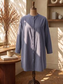 Rusticease Plus Size Women's Solid Color Round Neck Long Sleeve Single-Breasted Long Shirt Fall - Grey - View 3