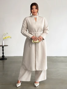 Firerie Apricot Extra Long Sleeve Small Stand Collar Top Straight Leg High Slit Waist Tie & Straight Leg Pants Plus Size Two Pieces Set/Elegant Teacher Workwe - Apricot - View 4