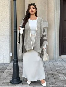 Easura Baju Rajut Longgar Bergaris Elegan untuk Wanita Ukuran Plus, Cocok untuk Perjalanan Sehari-hari - Khaki - View 6