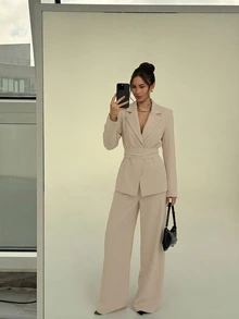 Aloruh 女款純色翻領長袖夾克與長褲休閒套裝 - 杏色 - 查看 8