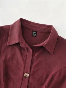 LUMIGAL Fashion Solid Color Elegant Design Front Button Detail Shirt Collar Long Sleeve Dress - Red Violet - View 3
