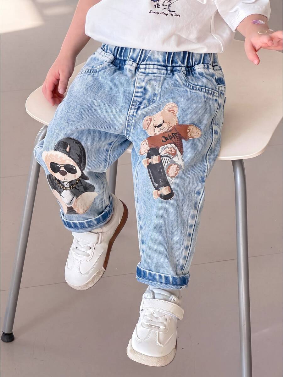 Baby Boy Street Style Cool Skateboard Bear Print Elastic Waist Loose Comfortable Denim 7-Point Pants - Light Wash - View 1