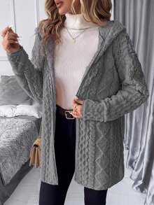 SHEIN Clasi 大尺碼女款紋理圖案長袖抓絨連帽夾克 - 深灰色 - 查看 7