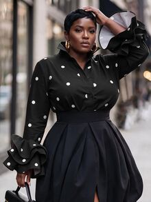 Slaydiva Women's Plus Size Polka Dot Bell Sleeve Blouse Fall - Black - View 5