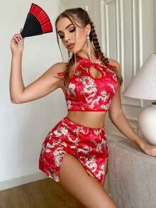Fantasy Costume Fantasy Costume Women's Chinese Style Printed Bodycon Skirt Sexy Lingerie 3pcs Set - Multicolor - View 4