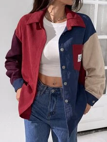 SHEIN EZwear Women's Plus Size Colorblock Patchwork Long Sleeve Shirt Fall - Burgundy - View 5