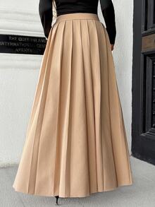 Pariaura Rok Maxi Wanita Warna Polos Bahan Linen Imitasi dengan Lipatan dan Hem Longgar, Elegan, Modis, dan Serbaguna - Khaki - View 2
