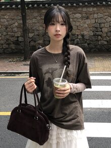 DAZY Brown Round Neck Floral Print Loose Casual Layering T-Shirt - Brown - View 5