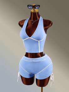 Amplova Setelan Olahraga Wanita: Atasan Tank Top Model V-Neck dan Celana Pendek - Biru - View 3