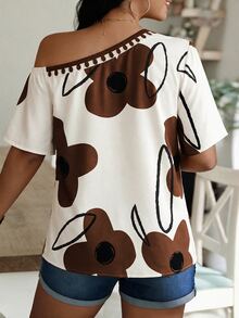 Louniche Off-Shoulder Floral Print Top, Beige & Navy Color Block Casual Blouse For Daily & Vacation - Multicolor - View 2