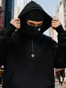 SHEIN 青少年男孩街頭風標誌圖案半開雙層黑色連帽衛衣，適合秋冬返校季穿搭 - 黑色 - 查看 6